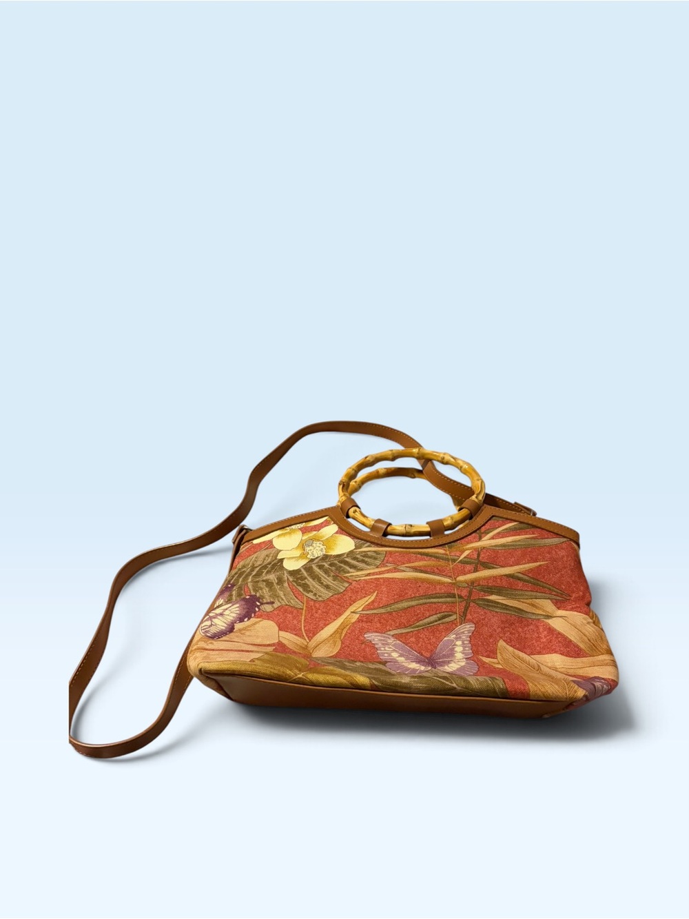 Fossil Floral & Butterfly Jacquard Crossbody Bag in Rust and Tan